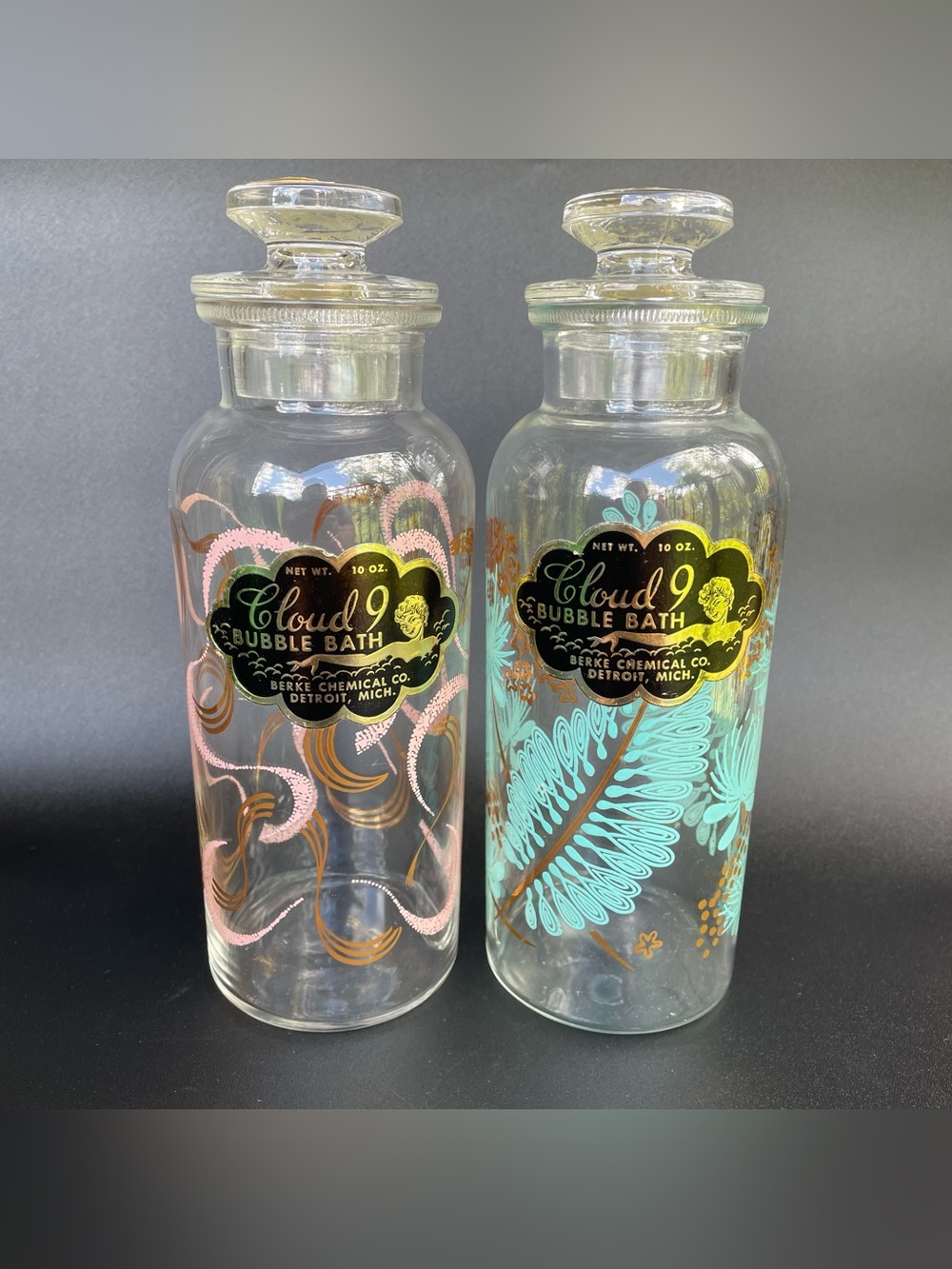 2 Vintage Glass Bubble Bath Bottles  Jars Pink Blue Gold Cloud 9 MCM Lids Labels